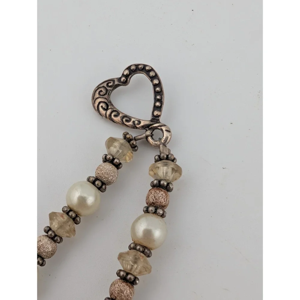 Geneva Silvertone Heart Bracelet Watch with Pearl Beads